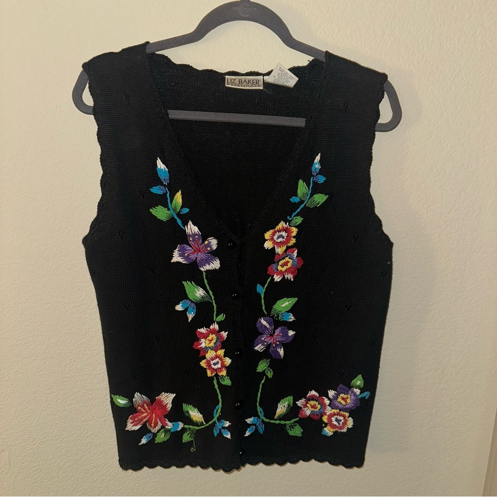 Vintage Grandma Cottagecore Liz Baker Black Floral Embroidered Women's Vest